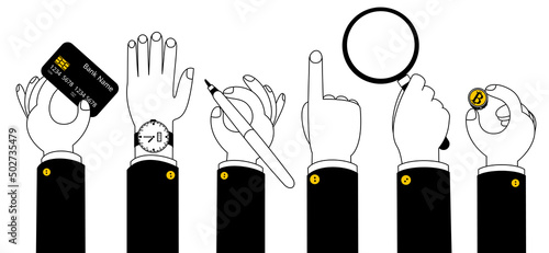 A set of illustrations depicting a hand and various business accessories. Vector illustration in contour cartoon style.