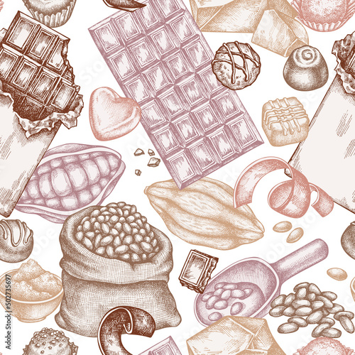 Seamless pattern with hand drawn pastel cocoa beans, cocoa, chocolate, chocolate candies