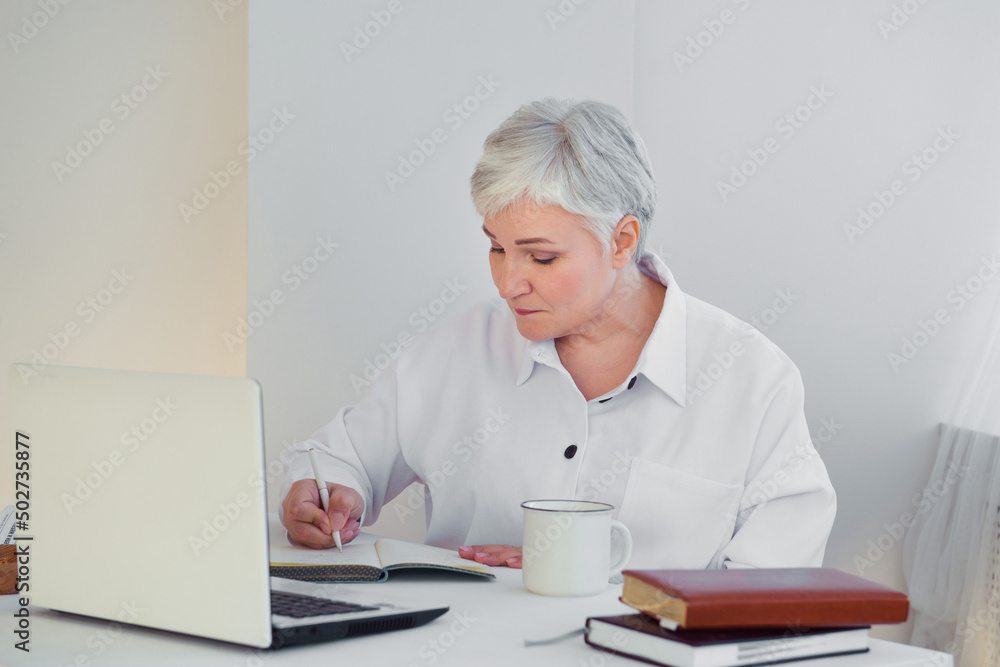 gray-haired businesswoman working at a desk with a computer gray-haired businesswoman working at a desk with a computer