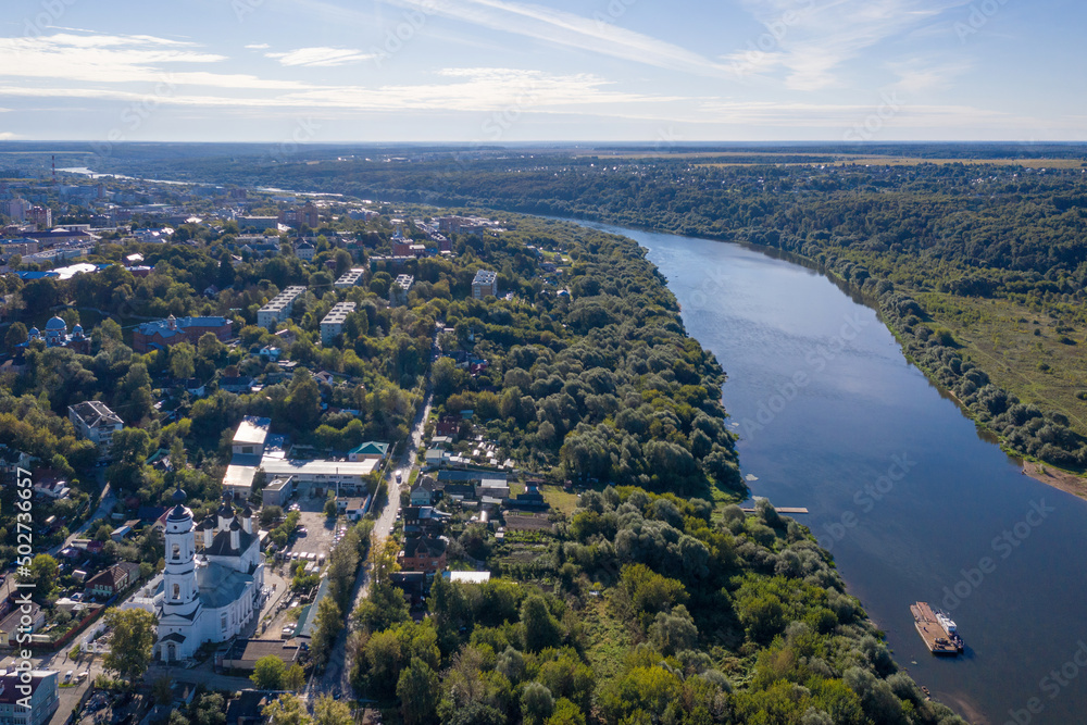 Aerial view of Kaluga town; Oka river and Kazan church on summer sunny day. Kaluga Oblast, Russia.