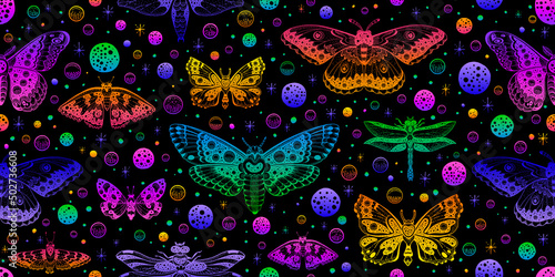 Moth butterfly pattern. Seamless moon boho vector. Celestial magic abstract mystic design. Gothic witch drawing. Print of luna astrology moth pattern. Occult neon illustration mystic black background