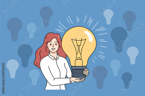 Smiling young woman hold huge lightbulb brainstorm generate creative business ideas. Happy female with light bulb create innovative solutions or launch project. Flat vector illustration. 
