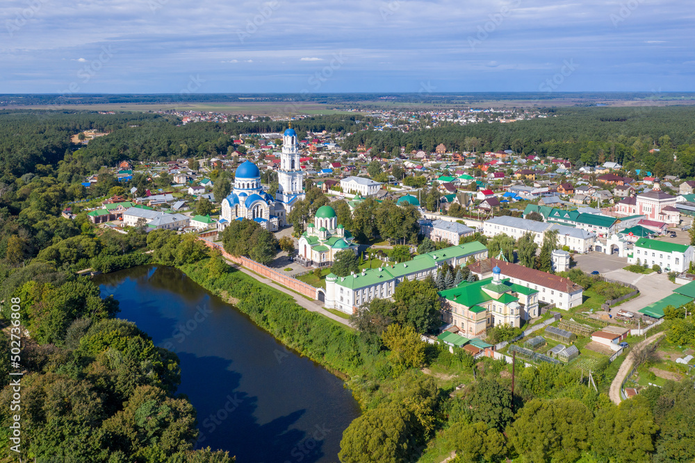 View of Uspenskaya Tikhonova Pustyn on sunny summer day. Leo Tolstoy village, Kaluga Oblast, Russia.