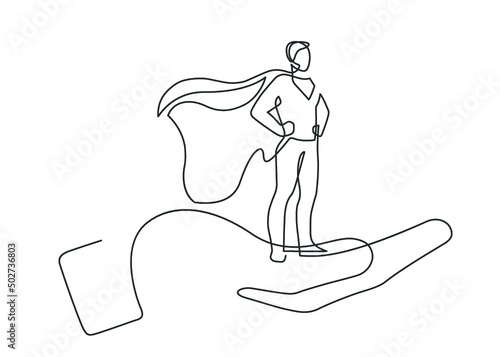 Continuous line drawing of hand holding a super human. Vector illustration.