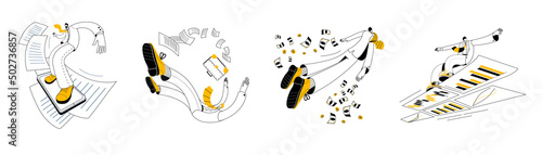 Businessmen in business suits fly off into the distance, surf and fall. A set of vector business illustrations in a linear style.