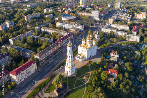 Aerial view of Troitsky (Trinity) cathedral and Lenin Prospect on sunny summer day. Bryansk, Bryansk Oblast, Russia.