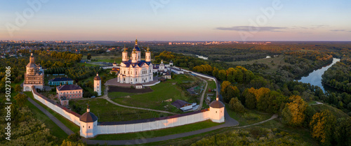 Panoramic aerial view of Svensky Uspensky Monastery on summer sunset. Suponevo, Bryansk Oblast, Russia. photo