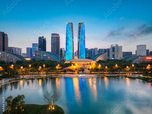Canvas Print Aerial photography of Chengdu Tianfu International Financial City at night