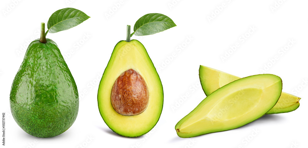Avocado collection. Avocado set isolated on white background. Avocado macro. With clipping path Avocado collection. Avocado set isolated on white background. Avocado macro. With clipping path