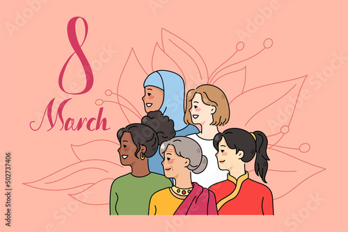 Diverse women look aside celebrate international women day. Multicultural females on 8 march celebration. Woman rights concept. Equality and feminism. Vector illustration. 