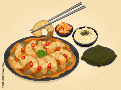Korean soy marinated shrimp on plate and chopstick set menu illustration vector.