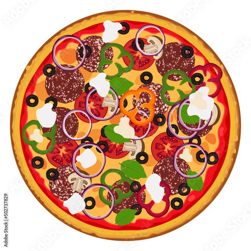 Vector illustration of pizza with delicious salami, mushrooms, tomatoes, vegetables. Fast Food. 