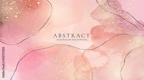 Rose pink liquid watercolor background with golden dots. Dusty crimson blush marble alcohol ink drawing effect. Vector illustration design template for wedding invitation, menu