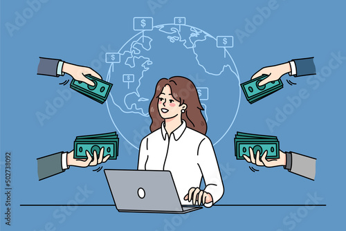 Successful businesswoman work online on computer get contracts around the world. Female freelancer get money or financial compensation for web job. Freelance. Vector illustration. 