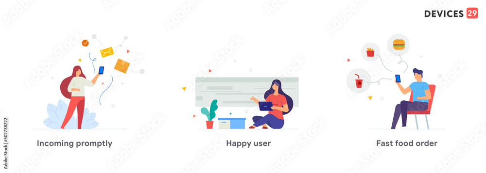 People use smartphones, delivery, fast food, flights, social networks set of icons, illustration. Smartphones tablets user interface social media.Flat illustration Icons infographics. Landing page