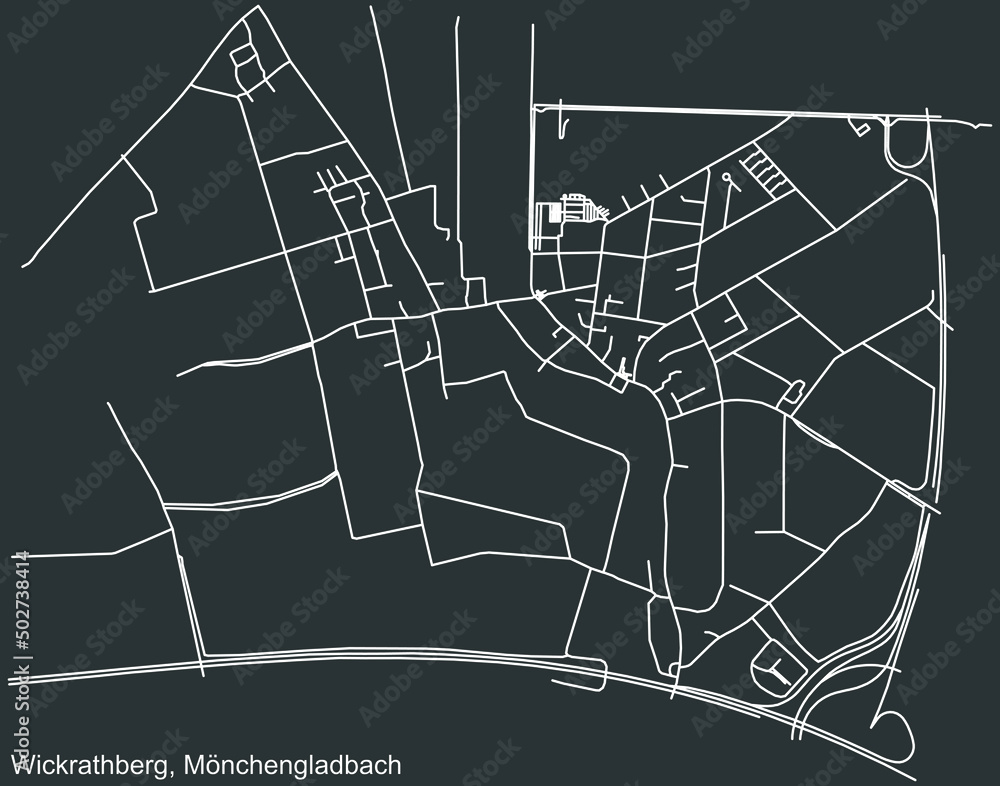 Detailed negative navigation white lines urban street roads map of the WICKRATHBERG DISTRICT of the German regional capital city of Mönchengladbach, Germany on dark gray background