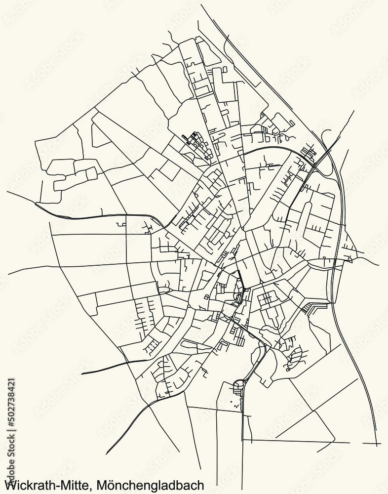 Detailed navigation black lines urban street roads map of the WICKRATH-MITTE DISTRICT of the German regional capital city of Mönchengladbach, Germany on vintage beige background
