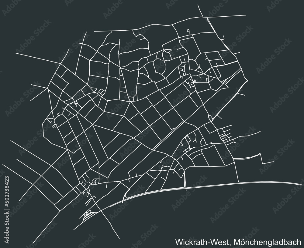 Detailed negative navigation white lines urban street roads map of the WICKRATH-WEST DISTRICT of the German regional capital city of Mönchengladbach, Germany on dark gray background