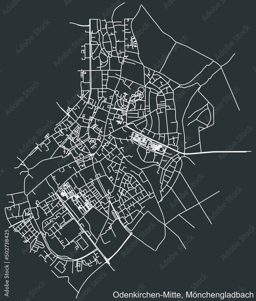 Detailed negative navigation white lines urban street roads map of the ODENKIRCHEN-MITTE DISTRICT of the German regional capital city of Mönchengladbach, Germany on dark gray background
