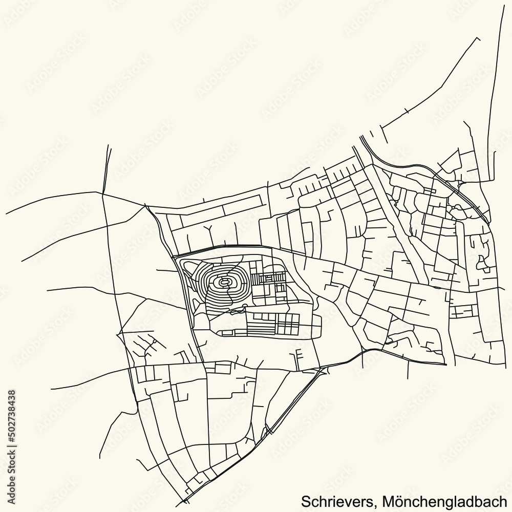 Detailed navigation black lines urban street roads map of the SCHRIEVERS DISTRICT of the German regional capital city of Mönchengladbach, Germany on vintage beige background