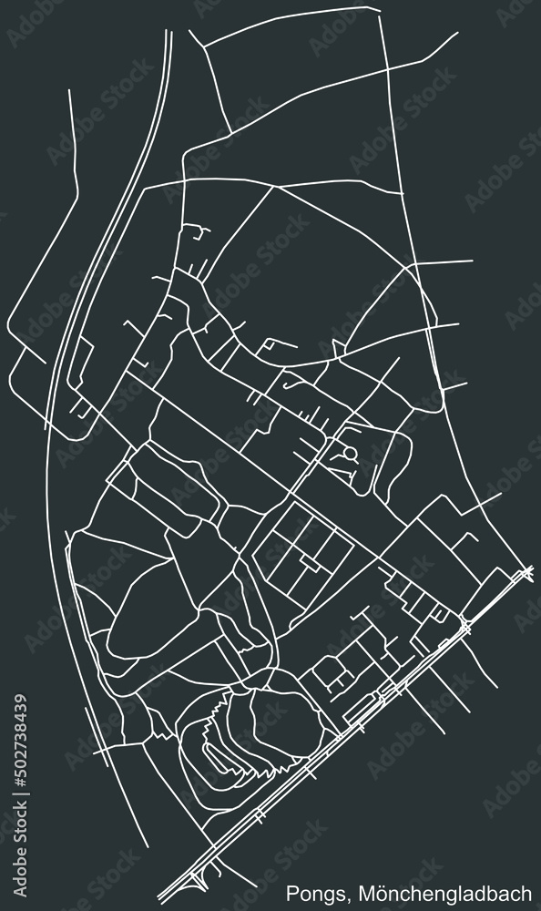 Detailed negative navigation white lines urban street roads map of the PONGS DISTRICT of the German regional capital city of Mönchengladbach, Germany on dark gray background