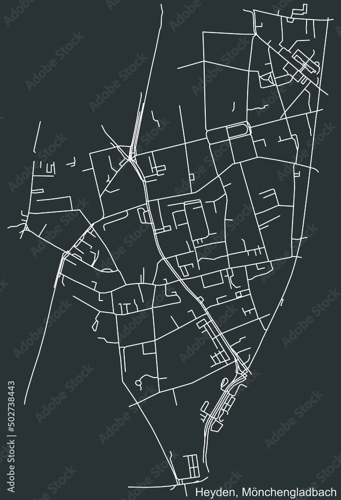 Detailed negative navigation white lines urban street roads map of the HEYDEN DISTRICT of the German regional capital city of Mönchengladbach, Germany on dark gray background