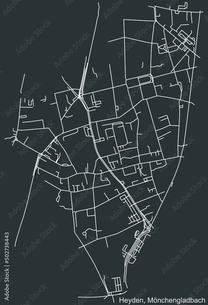 Detailed negative navigation white lines urban street roads map of the HEYDEN DISTRICT of the German regional capital city of Mönchengladbach, Germany on dark gray background Detailed negative navigation white lines urban street roads map of the HEYDEN DISTRICT of the German regional capital city of Mönchengladbach, Germany on dark gray background