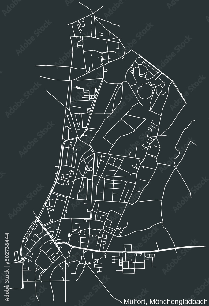 Detailed negative navigation white lines urban street roads map of the MÜLFORT DISTRICT of the German regional capital city of Mönchengladbach, Germany on dark gray background