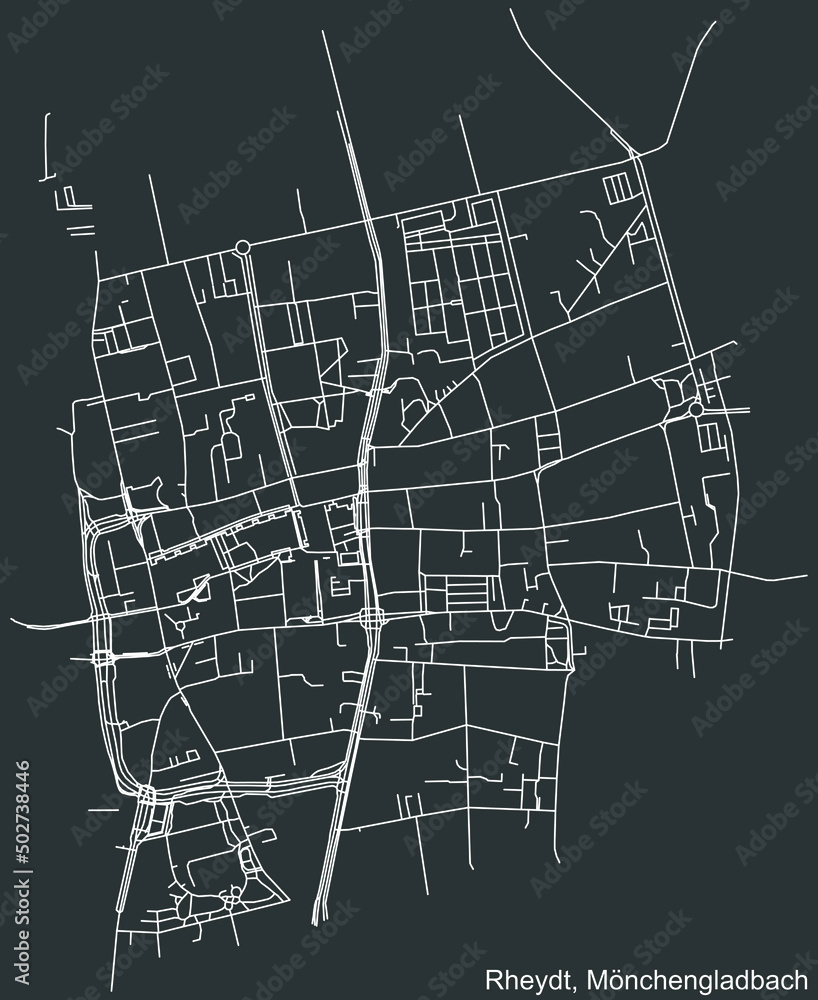 Detailed negative navigation white lines urban street roads map of the RHEYDT DISTRICT of the German regional capital city of Mönchengladbach, Germany on dark gray background