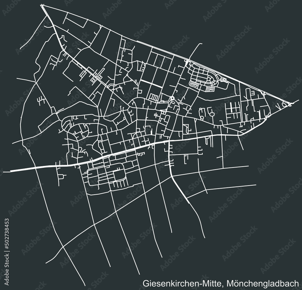 Detailed negative navigation white lines urban street roads map of the GIESENKIRCHEN-MITTE DISTRICT of the German regional capital city of Mönchengladbach, Germany on dark gray background