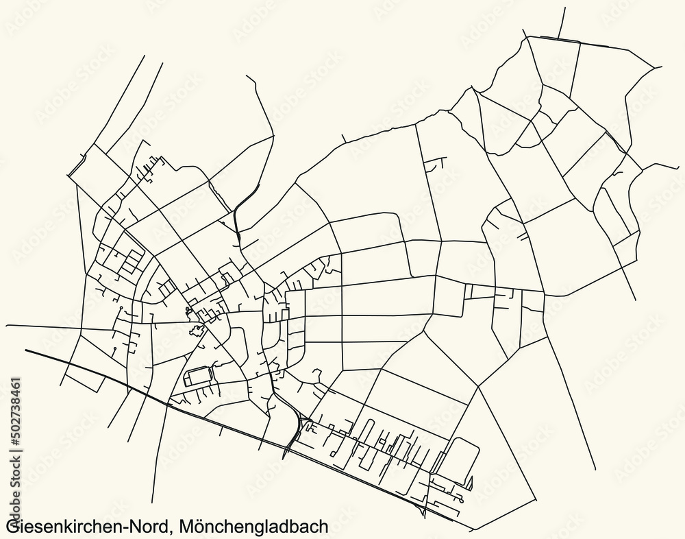 Detailed navigation black lines urban street roads map of the GIESENKIRCHEN-NORD DISTRICT of the German regional capital city of Mönchengladbach, Germany on vintage beige background