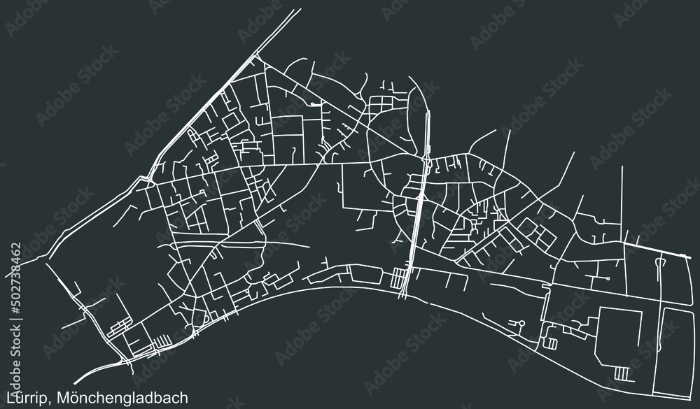 Detailed negative navigation white lines urban street roads map of the LÜRRIP DISTRICT of the German regional capital city of Mönchengladbach, Germany on dark gray background