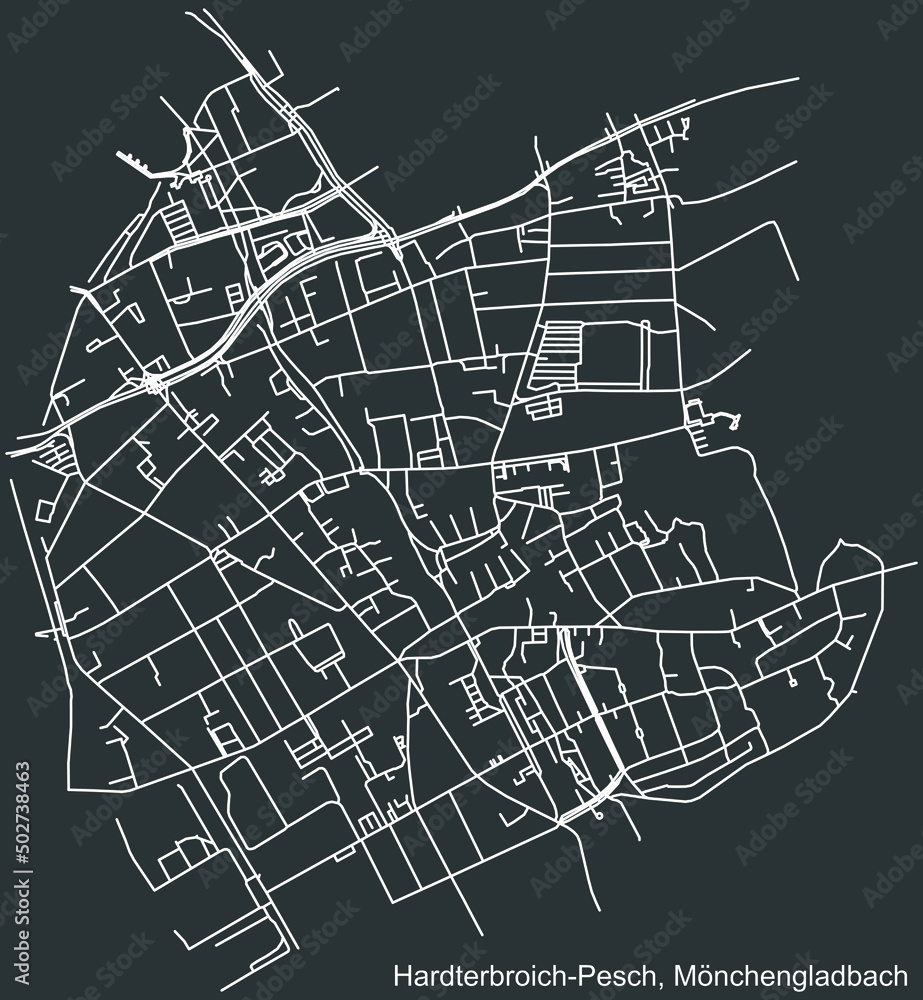 Detailed negative navigation white lines urban street roads map of the HARDTERBROICH-PESCH DISTRICT of the German regional capital city of Mönchengladbach, Germany on dark gray background