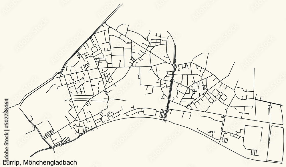 Detailed navigation black lines urban street roads map of the LÜRRIP DISTRICT of the German regional capital city of Mönchengladbach, Germany on vintage beige background