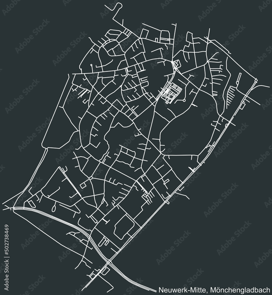 Detailed negative navigation white lines urban street roads map of the NEUWERK-MITTE DISTRICT of the German regional capital city of Mönchengladbach, Germany on dark gray background