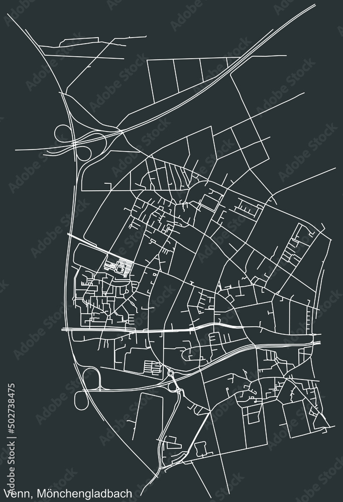 Detailed negative navigation white lines urban street roads map of the VENN DISTRICT of the German regional capital city of Mönchengladbach, Germany on dark gray background