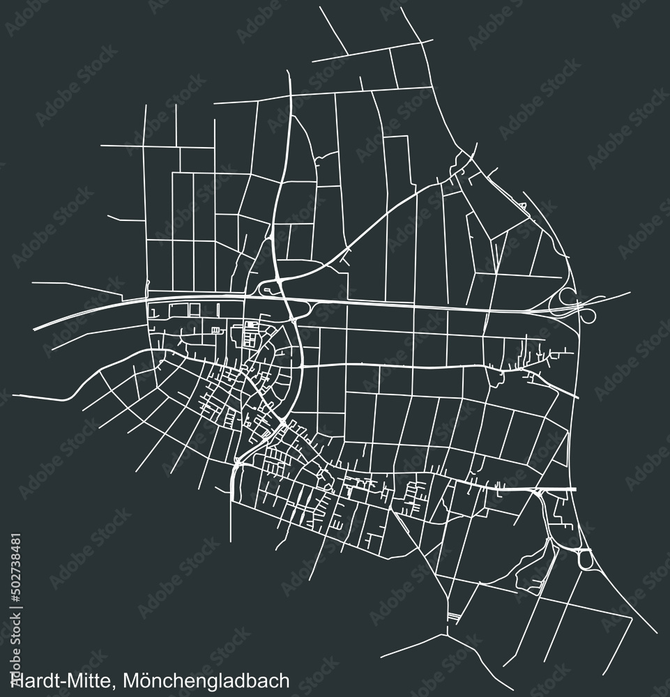 Detailed negative navigation white lines urban street roads map of the HARDT-MITTE DISTRICT of the German regional capital city of Mönchengladbach, Germany on dark gray background
