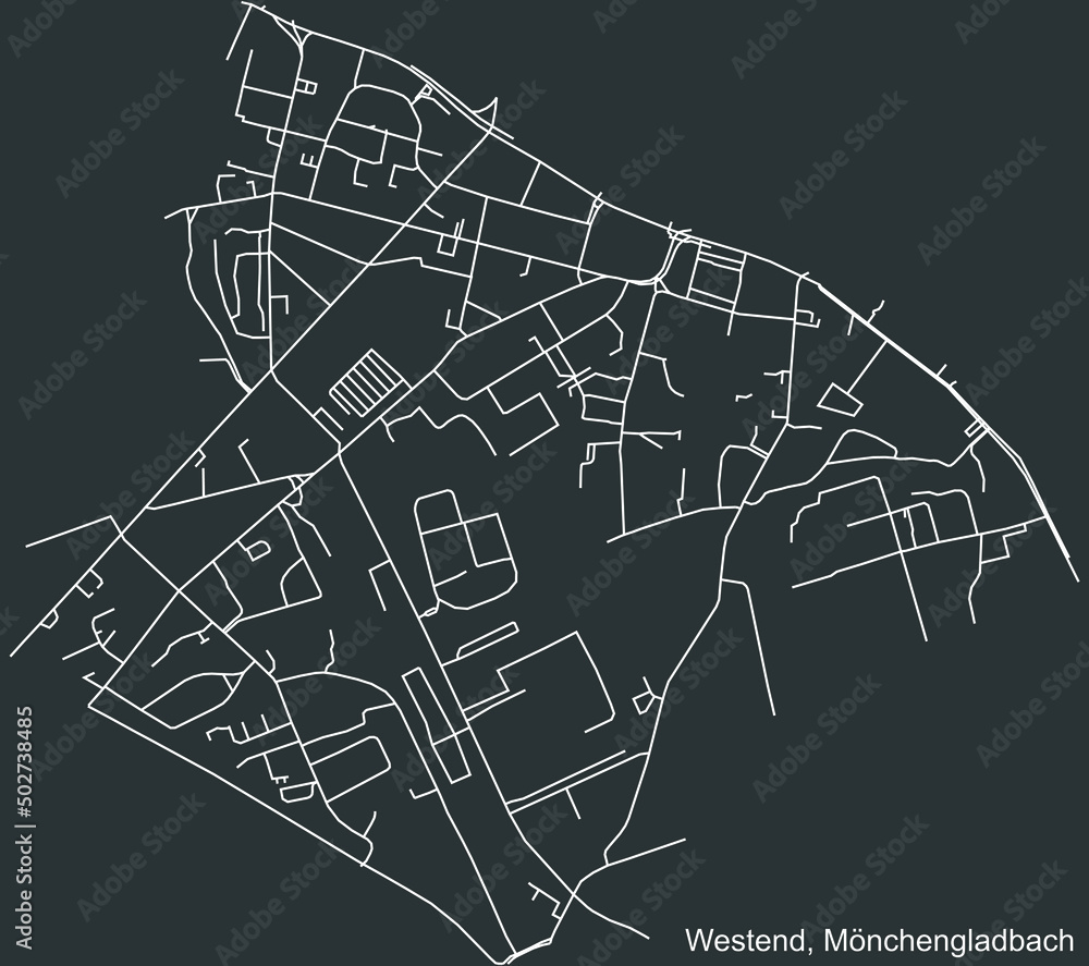 Detailed negative navigation white lines urban street roads map of the WALDHAUSEN DISTRICT of the German regional capital city of Mönchengladbach, Germany on dark gray background