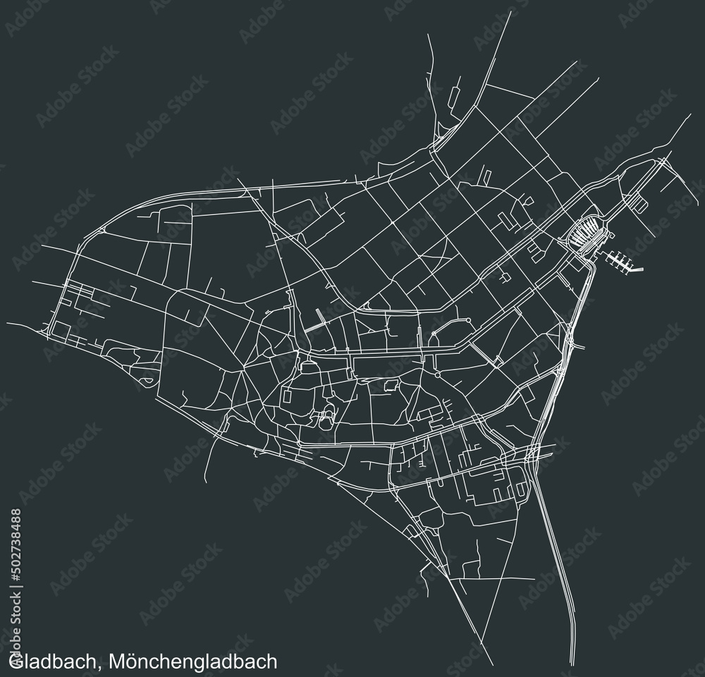 Detailed negative navigation white lines urban street roads map of the GLADBACH DISTRICT of the German regional capital city of Mönchengladbach, Germany on dark gray background