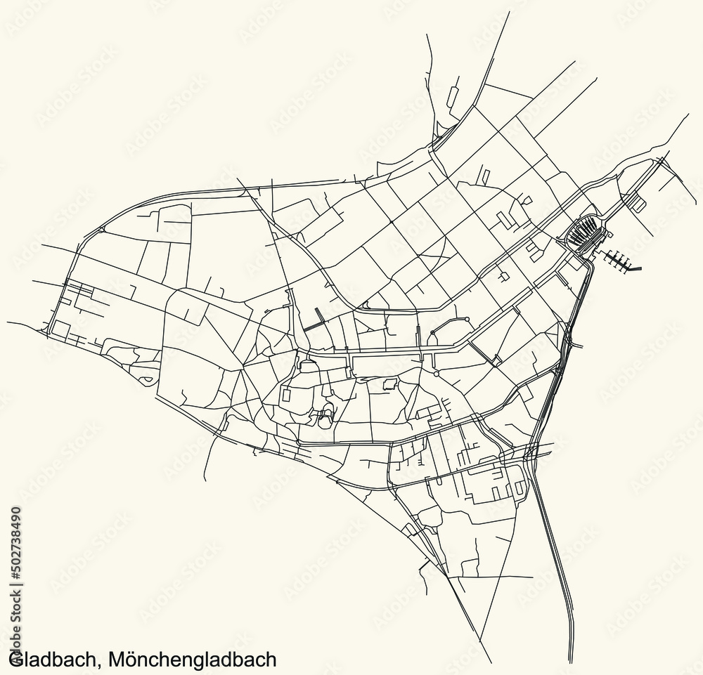 Detailed navigation black lines urban street roads map of the GLADBACH DISTRICT of the German regional capital city of Mönchengladbach, Germany on vintage beige background