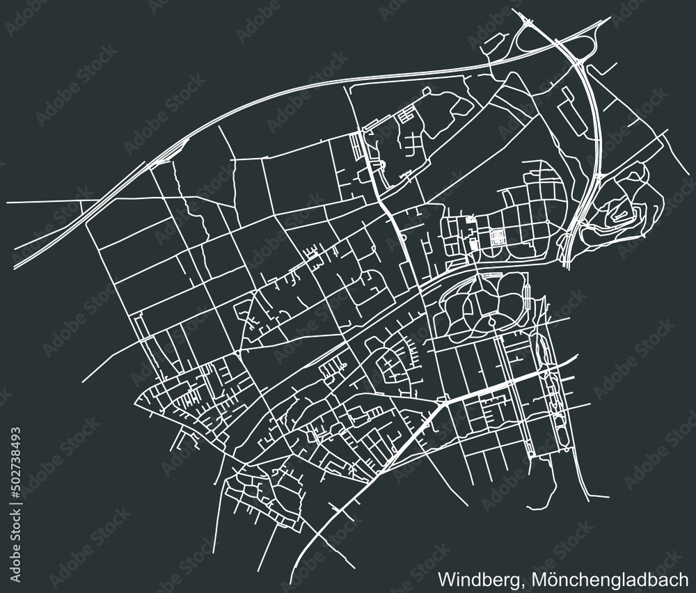 Detailed negative navigation white lines urban street roads map of the WINDBERG DISTRICT of the German regional capital city of Mönchengladbach, Germany on dark gray background