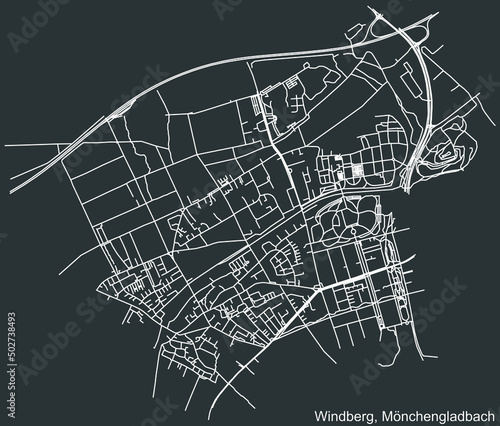 Detailed negative navigation white lines urban street roads map of the WINDBERG DISTRICT of the German regional capital city of Mönchengladbach, Germany on dark gray background photo