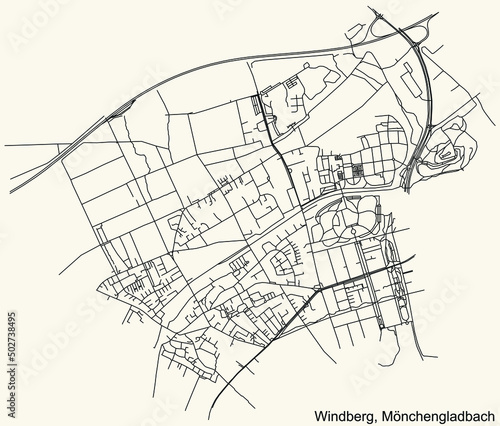 Detailed navigation black lines urban street roads map of the WINDBERG DISTRICT of the German regional capital city of Mönchengladbach, Germany on vintage beige background photo