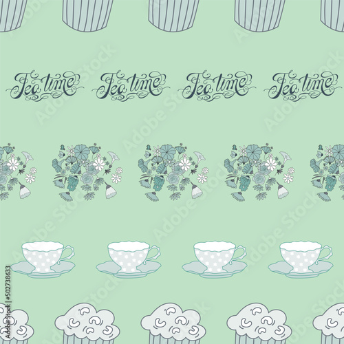 Striped hand drawn seamless pattern with inscription Tea Time on mint green background.