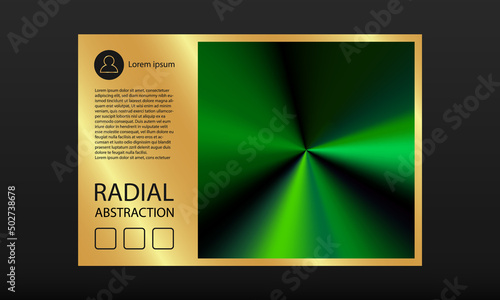 Golden banner template with Green Neon radial gradient background. Vector metallic radial gradient background in a gold frame with text template for social media post design.