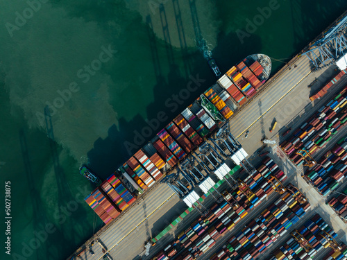 Aerial view of ship docking at container terminal