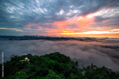 panoramic background of high mountain scenery, overlooking the atmosphere of the sea, trees and wind blowing in a cool blur, spontaneous beauty