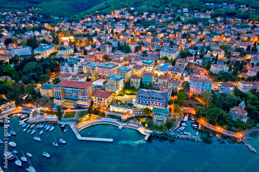 Town of Opatija aerial night view