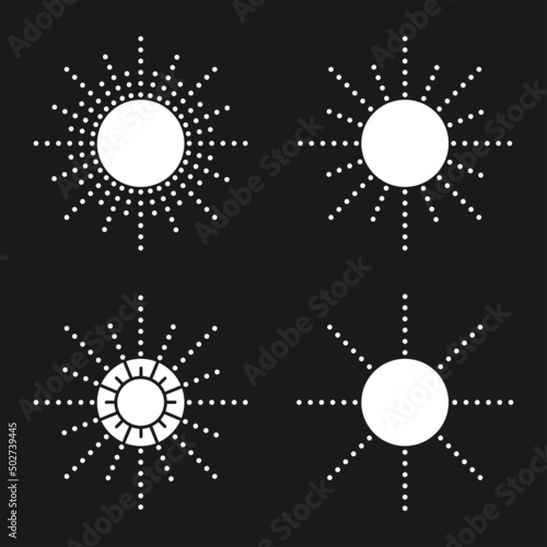Set of suns from graphic elements. Minimalistic style. White objects isolated on black background. © EniaKlever