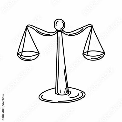 Scale fairness sign, scales hand-drawn doodle in sketch style. The balance of judicial process evaluation in legal matters. Court. Rights. Justice.